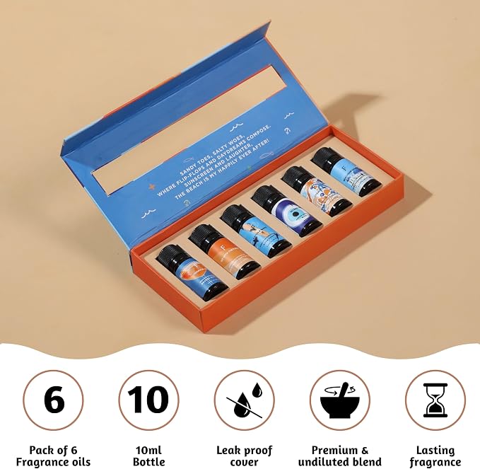 Folkulture Beach Essential Oil Set of 6 | Summer Essential Oils for Diffusers for Home, Humidifiers, Aromatherapy | Neroli, Grapefruit Fragrance Oil for Diffuser, Candle, Soap Making - Summer Vibes