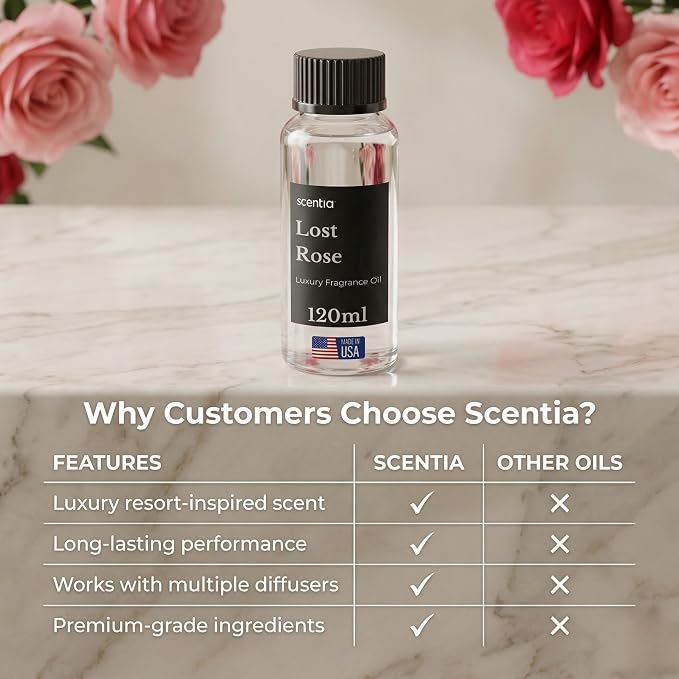 Scentia Lost Rose Diffuser Oil Refill – Hotel Fragrance Oil Inspired by Fairmont – 120 mL – Rose, Oud Wood & Clove Long-Lasting Scent for Ultrasonic & Waterless Diffusers, Made in USA