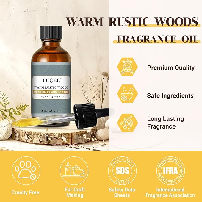 EUQEE Warm Rustic Woods Fragrance Oil Premium Fragrance Essential Oil 60ml with Glass Dropper for Diffuser, DIY Soap, Candle Making(2.02 Fl oz)