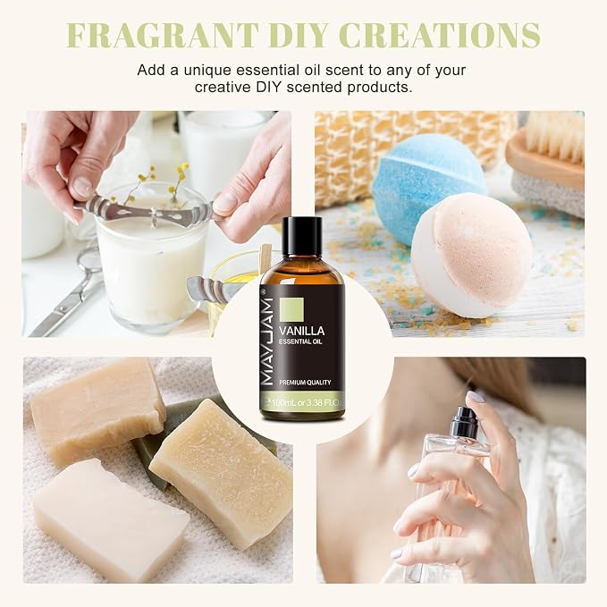 Vanilla Essential Oil 100ml, MAYJAM Premium Essential Oils for Aromatherapy, Diffuser, Soap Making, Candle Making, Large Bottle Vanilla Oil with Gift Box(3.38fl.oz)