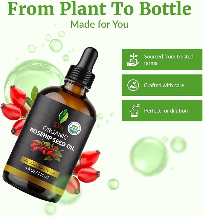 SVA Rosehip Seed Oil Organic - 4 Fl Oz – 100% Natural Cold Pressed Organic Rosehip Oil - for Face, Skin Care, Hair Care, Scalp Massage & Body Massage – Carrier Oil with Dropper