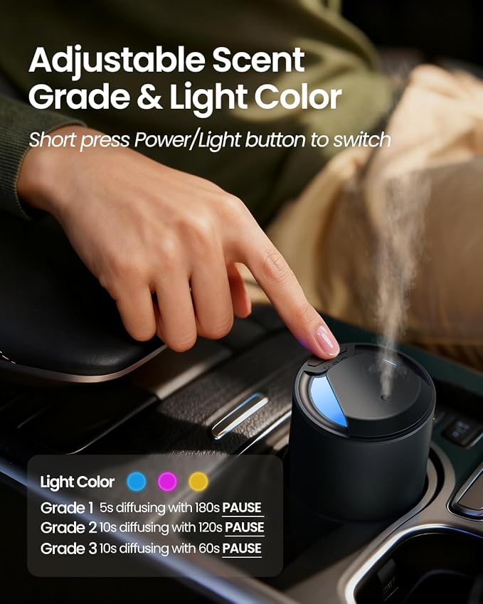 Waterless Diffuser for Essential Oil, Smart Car Air Freshener Diffuser with 3 Mist Grades & 3 LED Light Colors, Auto On/Off, Rechargeable Scent Air Machine