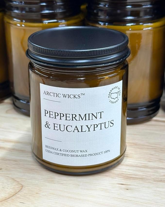 Arctic Wicks Scented Coconut Beeswax Candles | Coconut Beeswax Non Toxic Candle 9oz Amber | Farmhouse Candles Non-Toxic Clean Burn 100% USDA Certified Biobased (Peppermint & Eucalyptus)