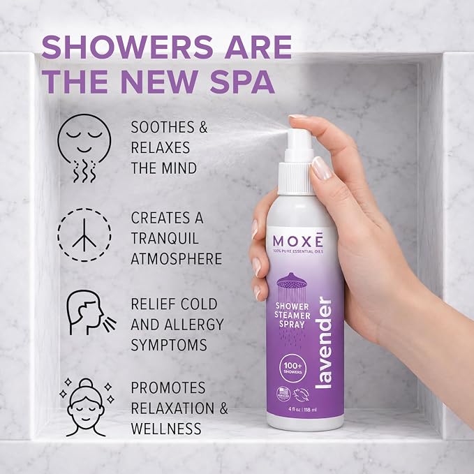 MOXE Shower Mist, Spa Steam Spray, Certified Natural Essential Oils, Aromatherapy, Tension Relief (Lavender, 4 Fl Oz (Pack of 1))…