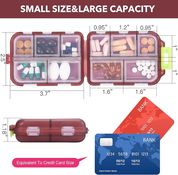 Medicine Pill Organizer with 189 Labels, 10 Compartments Travel Pill Box, Mini Case, Compact Container for Purse (Brown)