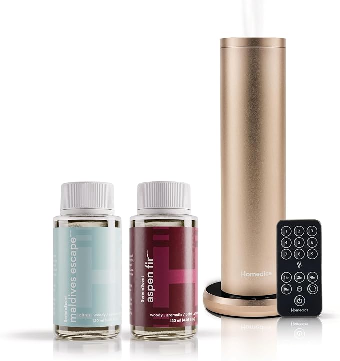 Homedics SereneScent Waterless Home Fragrance Diffuser & Oils Set, Includes 2 120ml SereneScent Oil Bottles, Maldives Escape and Aspen Fir, Patented Air Diffusion Technology, Large Rooms