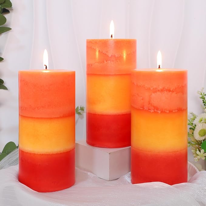 Tall 3x6 Inch Orange Pillar Candles 3 Pack Hand-Crafted Spiced Pumpkin Scented Candles Long Burn Time Dinner for Home Scented Housewarming Thanksgiving Gifts Fall Autumn