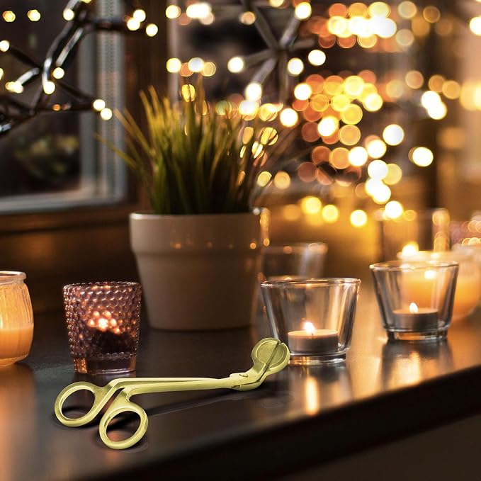 CHEFBEE Candle Wick Trimmer, Polished Stainless Steel Wick Clipper Cutter, Scissors, Reaches Deep Into Candles to Cut Spent Cord, Allow Cleaner Burn and Prevent Soot Buildup (Gold)