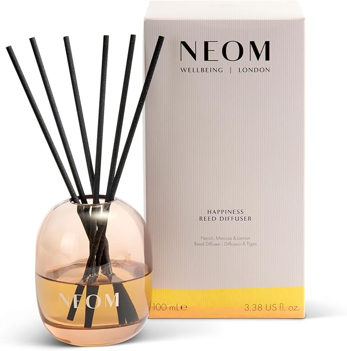 NEOM Happiness Reed Diffuser, 100ml | Neroli, Mimosa & Lemon I Lasts 12 Weeks I Pure Essential Oils I 100% Natural I Refillable & Reusable