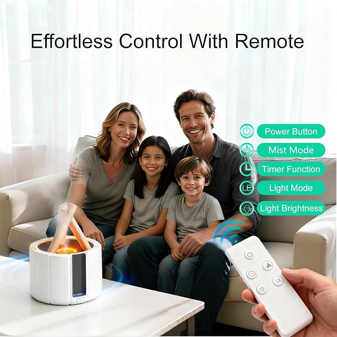 Campfire Flame Diffuser for Essential Oils, 250ml Ultrasonic Cool Mist Aromatherapy Humidifier with Remote Control, 7-Color LED Lights, Timer & Auto-Off for Home, Office & Bedroom (White)