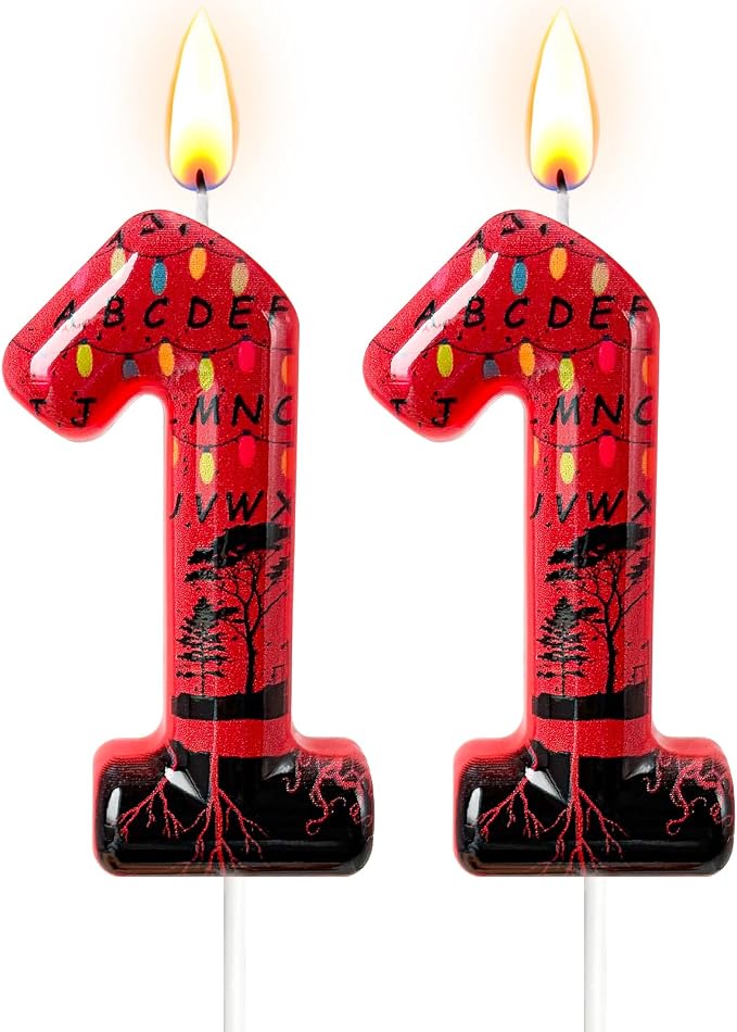 Red Number 11 Birthday Candle for Cake – Dark Horror Style with Alphabet Print & Shadow Design – Unique Cake Topper for Birthday, Anniversary, Themed Party Decoration