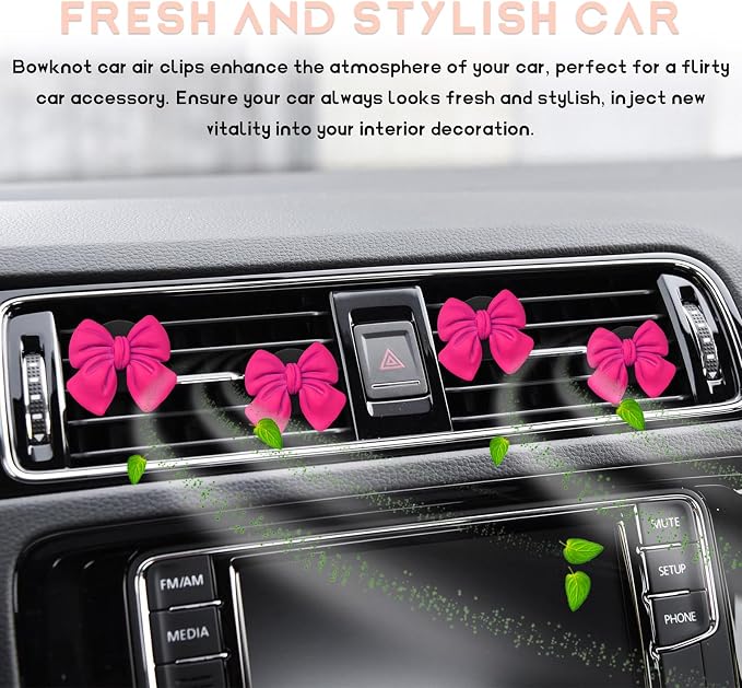KVAEY 9 PCS Pink Bow Car Air Freshener, Automotive Cute Pink Bow Air Outlet Clips with Scent Pieces, Universal Coquette Car Air Vent Diffuser for Women and Girls (Rose Red)