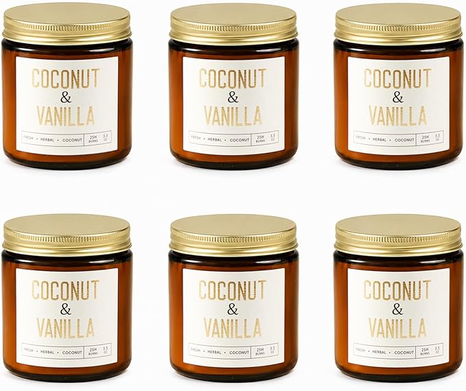Coconut Vanilla Candles, 6 Pack Scented Candles 3.5 oz Each, 21 oz Total Soy Candles in Amber Glass Jars, Aromatherapy Candle Set for Home, Bathroom, Gifts for Women and Mom