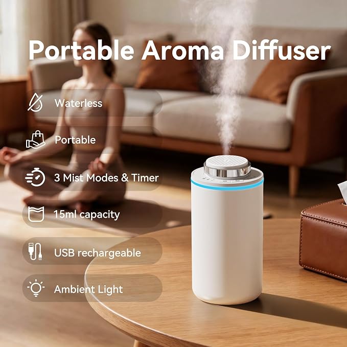 Home Scent Diffuser,Smart Waterless Oil Diffuser,15ml Portable Fragrance Machine with 3 Mist Modes & Timers,Dual Color LED Light,Compact Battery Operated Diffuser for Bedroom,Bathroom,Desk,White