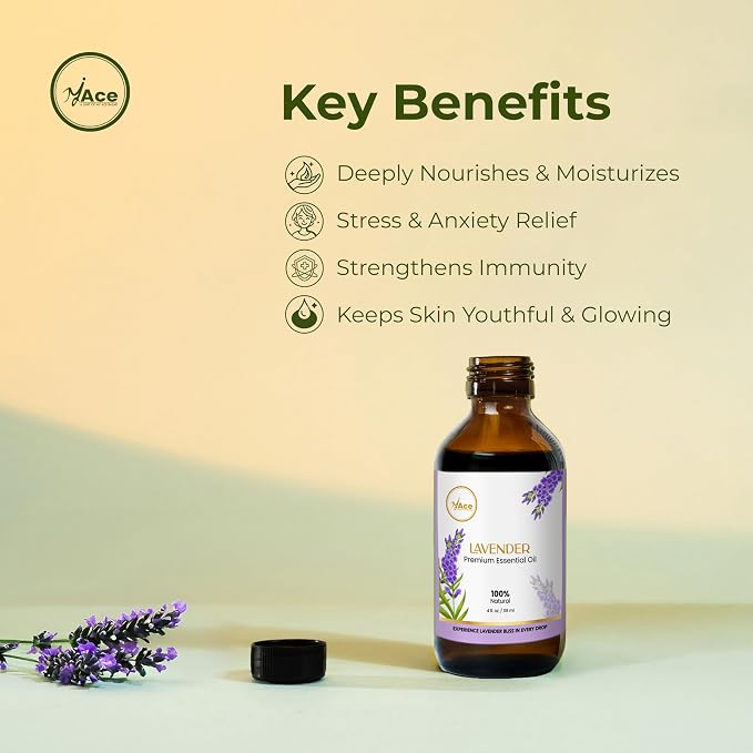 My ACE Lavender Essential Oil 4 Fl Oz - 100% Pure & Natural - Premium Grade for Aromatherapy, Diffuser, Skin, Hair, Massage, Candle & Soap Making, Home - Glass Bottle with Dropper - Long Lasting Scent