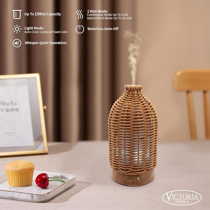 VICTORIA AROMA Essential Oil Diffuser - Multifunction Aromatherapy Diffuser 7 LED Color Changing Light 100ML Rattan Diffuser Easy to Clean Suitable for Home,Office (Tan)