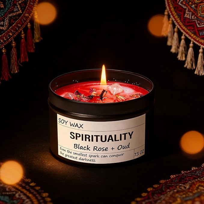 Crystal Energy Candle, Spiritual Candles for Women, Spark Conquer Darkness, Black Rose & Oud Candles, Emotional Support, Encouragement, Perfect Self-Care and Inspirational Affirmation Gift