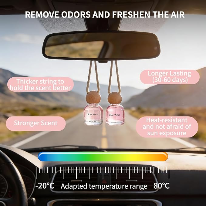 Car Air Freshener Diffuser 2 Pack Hanging Air Freshener Diffuser - Rosa Scent Car Fresheners 120 days Long Lasting Vent Clip 0.34 oz Each Automotive Air Fresheners Gifts for Women Birthday