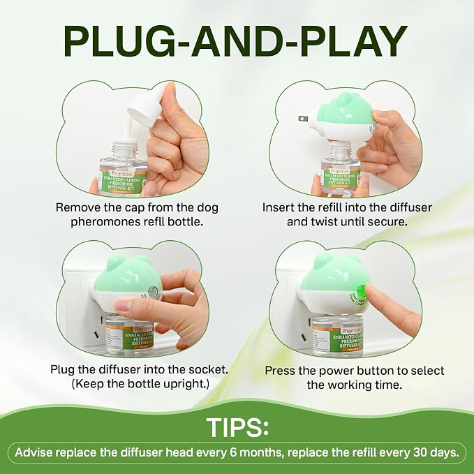 puyrzoe Dog Calming Diffuser with Timing Functions, 6-in-1 Dog Anxiety Relief Diffuser Kit, 120-Day Anxiety Relief, Stress Relaxation Pheromones Calming for All Dogs (2 Diffusers + 4 Refills)