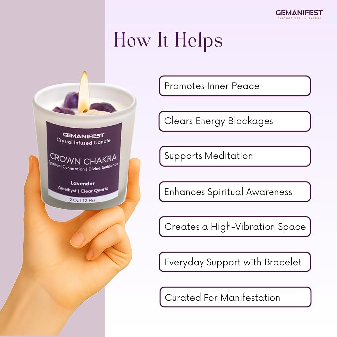 Crown Chakra Meditation Candle with Healing Crystals and Amethyst Bracelet Lavender Candles for Home Relaxing Candles for Women Stress Relief Spiritual Meditation Gifts for Women Men