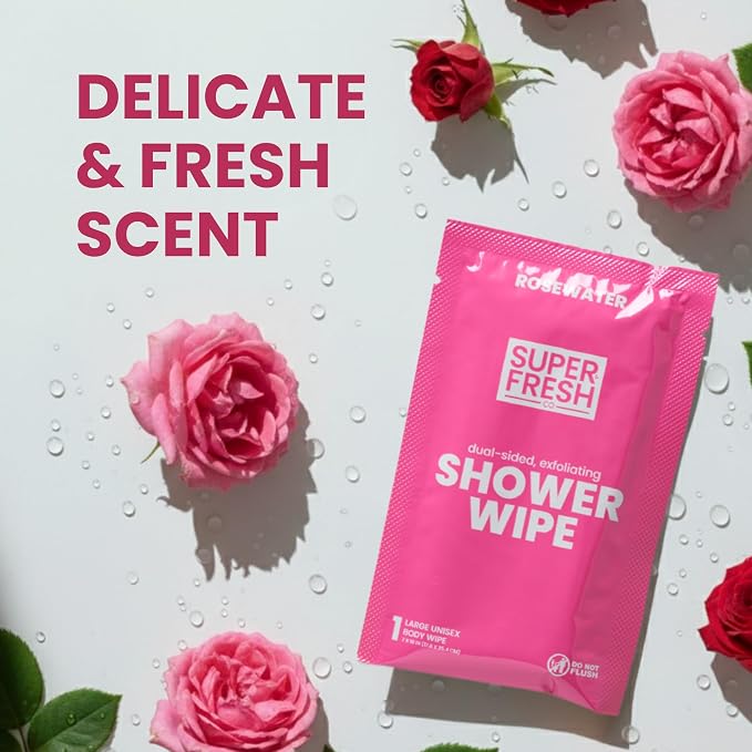 Super Fresh Shower Body Wipes, Travel Essentials for Camping, Large Rosewater Wipes for Adults, Women, Men, Kids Personal Hygiene Cloth Enriched with Aloe and Vitamin E, Individually Wrapped 10 Pack