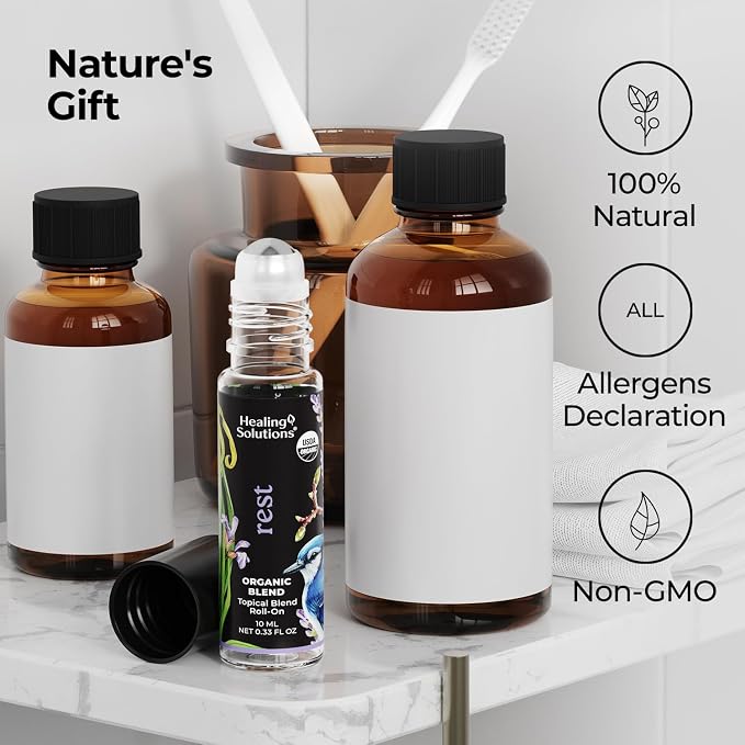 Healing Solutions - Organic Rest Blend Essential Oil Roll on Perfume, Calm, Sleep, Essential Oil Roller, Body Oil, Aromatherapy USDA Certified - 10ml