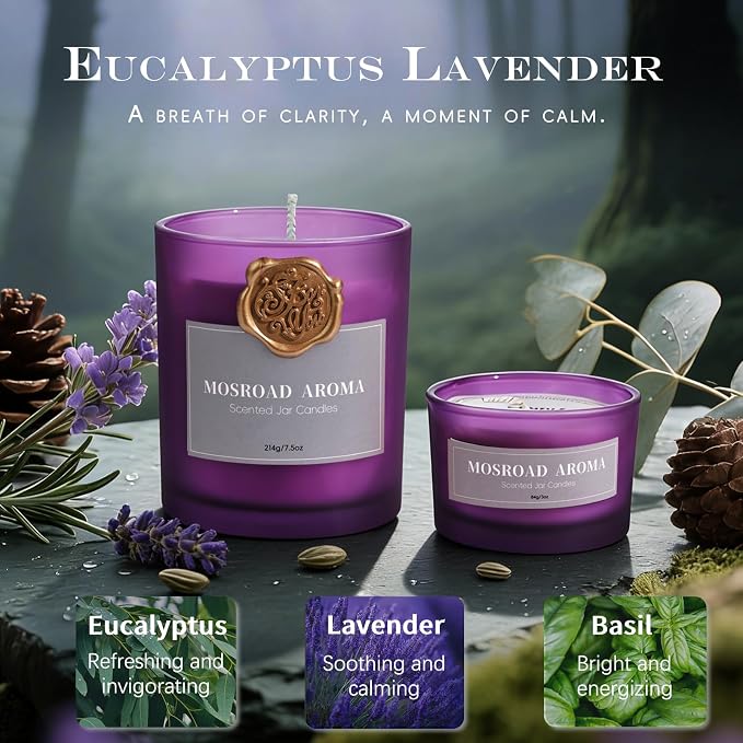 Lavender Eucalyptus Scented Candle Set - 2 Packs, Spa Scent Aromatherapy Candles for Stress Relief, Calming Candles for Anxiety, Relaxation & Yoga Meditation, Natural Soy Wax Luxury Home Candles