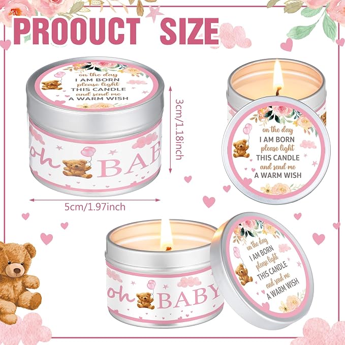 MTLEE 24 Pcs Bear Baby Shower Party Favors Candles Lavender Scented Baby Shower Favors for Guests Rustic Tealights Candles Gender Reveal Return Gifts (1.2 oz, Pink)