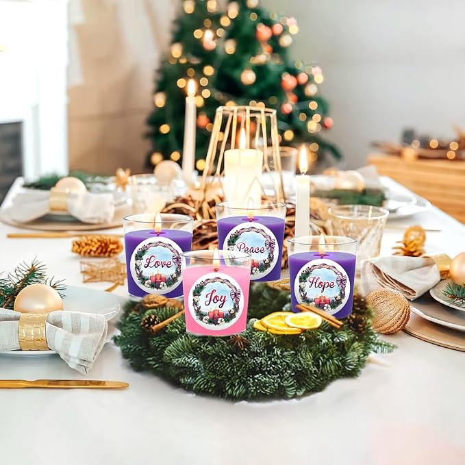 Purple and Pink Christmas Advent Votive Candles in Glass, Unscented 15 Hour Soy Wax Love, Hope, Peace and Joy Candles for Christmas Wedding Table Home Spa Holidays Party, 4 Packs