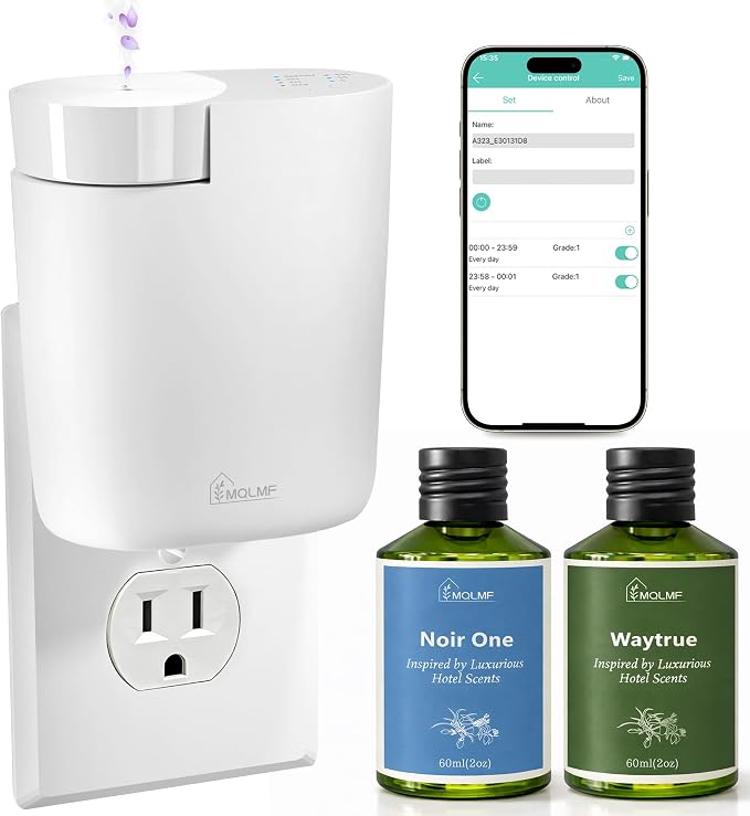 Waterless Plug in Diffuser, 800 Sq Ft, No Wobble Secure Wall Fit, Adjustable Timer & Scent Intensity,App Control,Essential Oil Plug in Wall Diffuser, Includes 2 x 60ml Fragrance Oils, White