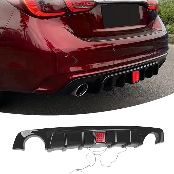 Rear Diffuser W/LED Brake Light Fit for Infiniti Q50 2018-2024 3.0t/ Luxe/RED Sport 400/ Sensory,Rear Bumper Lower Lip Splitter Spoiler Body Kit Trim Exterior Accessories(Gloss Black)