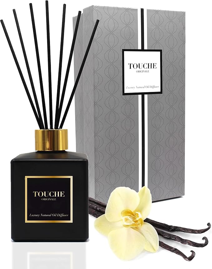 Touche Luxury Natural Reed Diffuser. Long Lasting Scented Home Fragrance. Natural Essential Oil Alcohol-Free. 4.75 OZ. Glass Bottle (Vanilla & Caramel - Black Bottle)