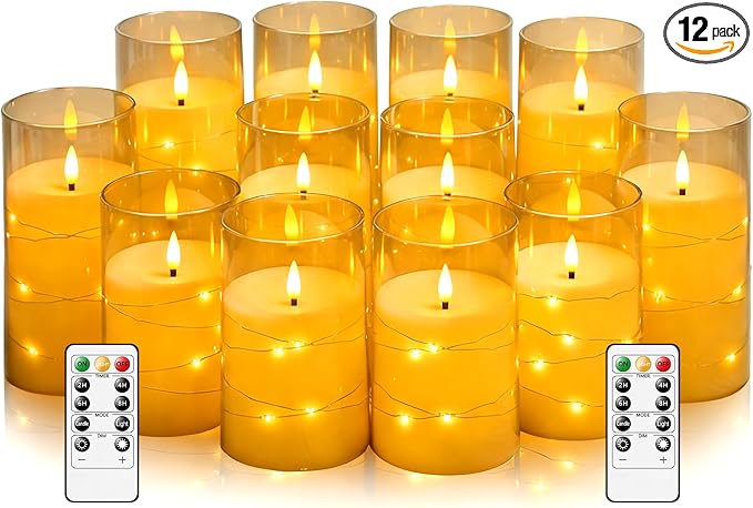 kakoya Flameless LED Candles with Timer 12 Pc Flickering Flameless Candles for Romantic Ambiance and Home Decoration Stable Acrylic Shell,with Embedded Star String，Battery Operated Candles(Gold)