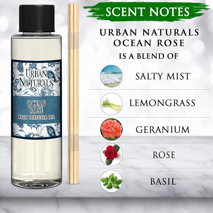 Urban Naturals Reed Diffuser Oil Refill, Ocean Rose Diffuser Oils with Rose, Lemongrass, Basil, 4 oz + Free Reed Sticks, Made in the USA
