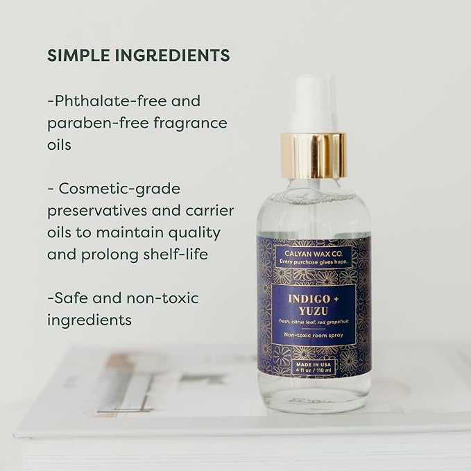 Calyan Wax Co. Indigo & Yuzu Room Spray - Clean Air Freshener - Natural Room Deodorizer - Air Freshener Spray for Home - 4 fl oz