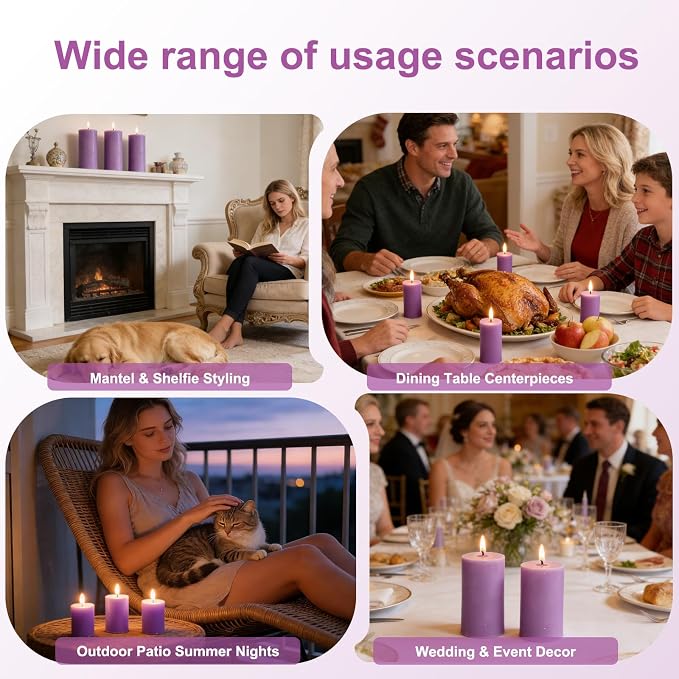 Lavender Scented Soy Pillar Candles Set of 3, Purple Aromatherapy Candles for Home, 105 Hours Clean Burning Long Lasting for Bathroom Living Room,2x4 inch