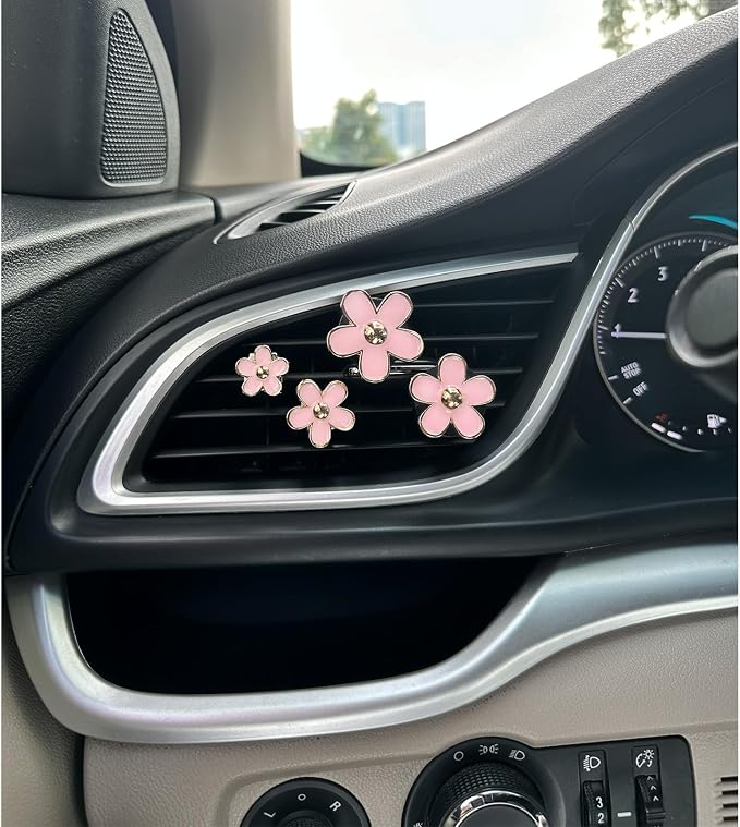 ORIESSE Flowers Car Accessories,4pcs Pink Daisy Air Vent Clips Car Air Freshener,4 Sizes Light Pink Flower Vent Clips Car Decor for Women,Refillable Diffuser