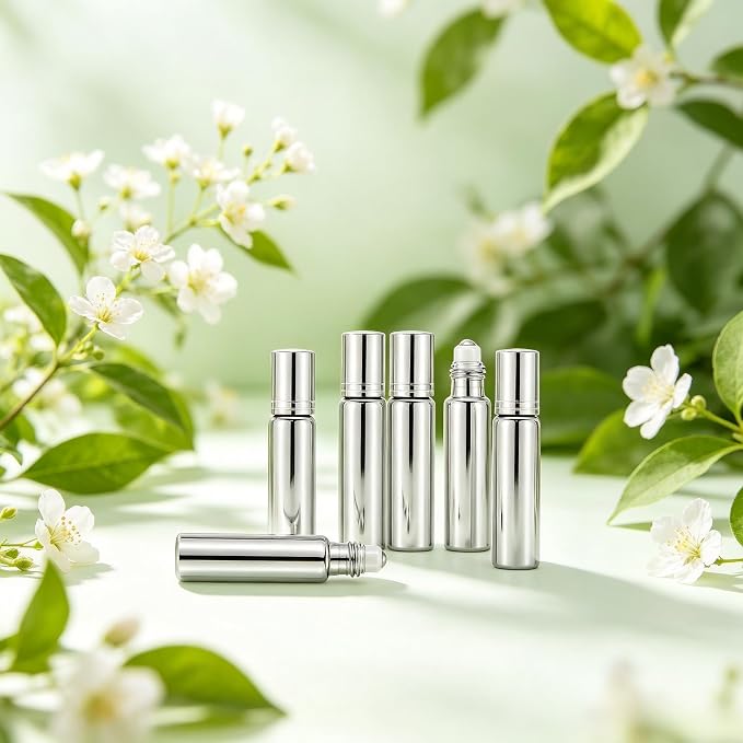 Kesell 0.34oz / 10ml Essential Oil Roller Bottles 6PCS Silver Glass Roll-on Bottle Empty Refillable Perfume Vials Travel Size Perfume Rollerball Applicator Liquid Storage Container with Funnel