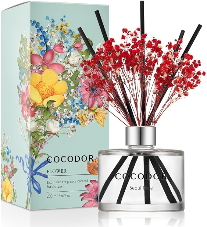 COCODOR Preserved Flower Reed Diffuser Set / 6.7oz / Seoul Rose/Scent Diffuser with Sticks Home Fragrance Reed Diffuser for Bathroom Shelf Décor