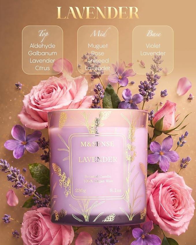 M&SENSE Lavender Candles Vegan Soy, 8.1oz Lavender Scented Candles for Summer Relaxing Bathtub Aromatherapy Calming Sleep, 42-Hour Long Lasting Candle Non Toxic for Home, Fancy Gifts for Women & Men