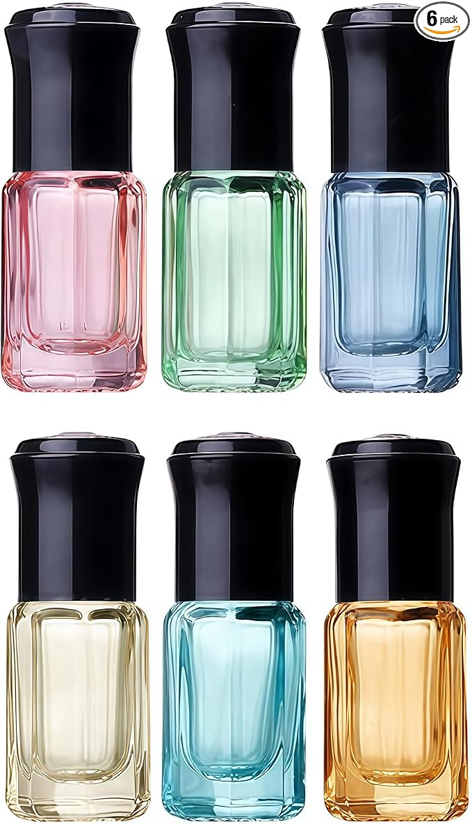 6Pcs 3ML Empty Clear Colorful Octagonal Glass Essential Oil Roller Bottles with Steel Roller Balls and Black Caps Refillable Perfume Roll-on Bottle Sample Dispensers Storage Container Vials Jars