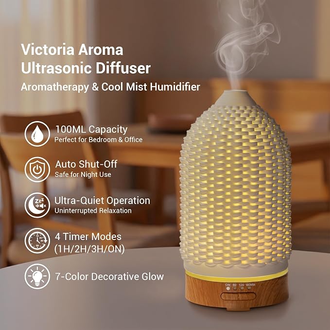 VICTORIA AROMA Ultrasonic Essential Oil Diffuser 100ML 3D Printing Ceramic - Cool Mist Humidifier, 7-Color LED Lights, 3 Timer & Auto Shut-Off, Ideal Gift for Home Bedroom Office (White)