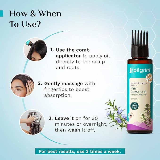 Pilgrim Rosemary & Biotin Hair Oil to Control Hair Fall & Strengthens Hair | Rosemary essential oil for hair growth | Reduces Hairfall | For Women and Men | 100ml, 3.38 fl. oz.