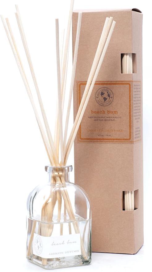 ECO CANDLE CO. Reed Diffuser Set, Beach Bum, 4 oz. - Scents of Tropical Coconut, Warm Kola Nut and Fresh Island Fruits - Premium Fragrance & Essential Oils, Clear Glass, 12 Reeds, Recycled Box