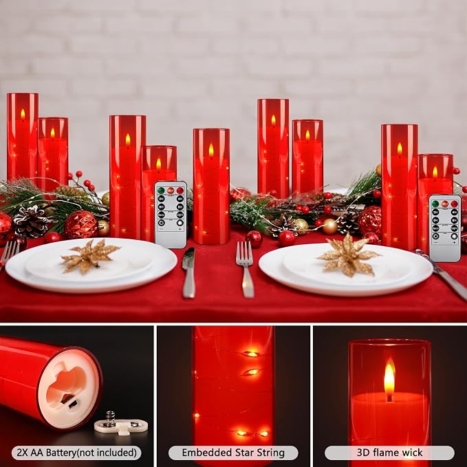 24-Pack Flameless LED Candles with Star String Lights - Red Acrylic Pillar, Realistic Flickering, Remote Control & Timer for Home Decor, Wedding, Christmas