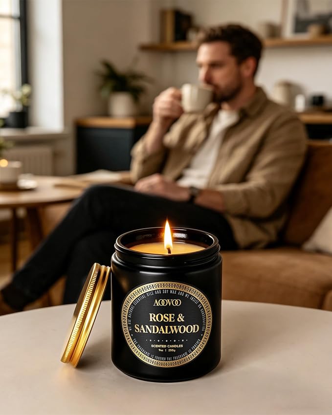 AOOVOO Scented Candles for Men - 4 Pack Candles for Home Scented, 36oz Soy Wax, 200 Hour Burn Time, Men Candle Set, Rose Sandalwood/Whiskey Caramel/Lavender/Leather Candle Set T