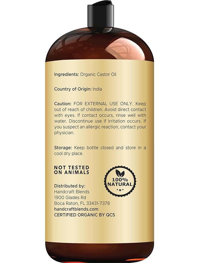 Handcraft Blends Organic Castor Oil 28 Fl Oz | 100% Pure and Natural | Premium Grade Carrier Oil | Hair, Eyelashes and Eyebrows | Hair and Body | Expeller-Pressed | Hexane-Free
