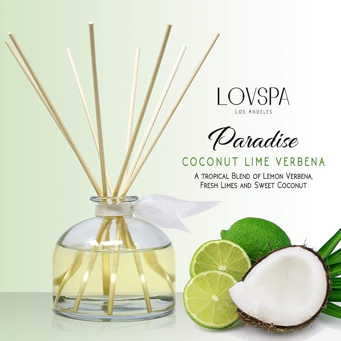 Reed Diffuser Set, Paradise Coconut Lime Verbena Scented Oil Diffuser with Sticks, Home Fragrance Accessories for Bathroom Shelf Decor, Aroma Diffusers for Home or Office Desk, USA Made