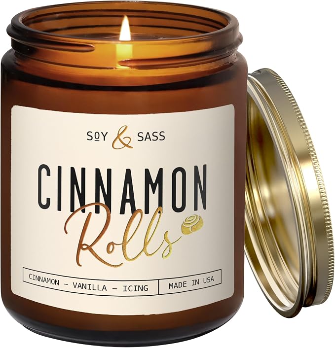 Cinnamon Candle, Fall Candles, Christmas Candles - 'Cinnamon Rolls' Autumn Scented Soy Candle for Home, 9oz Reusable Jar, 50Hr Burn, Made in USA