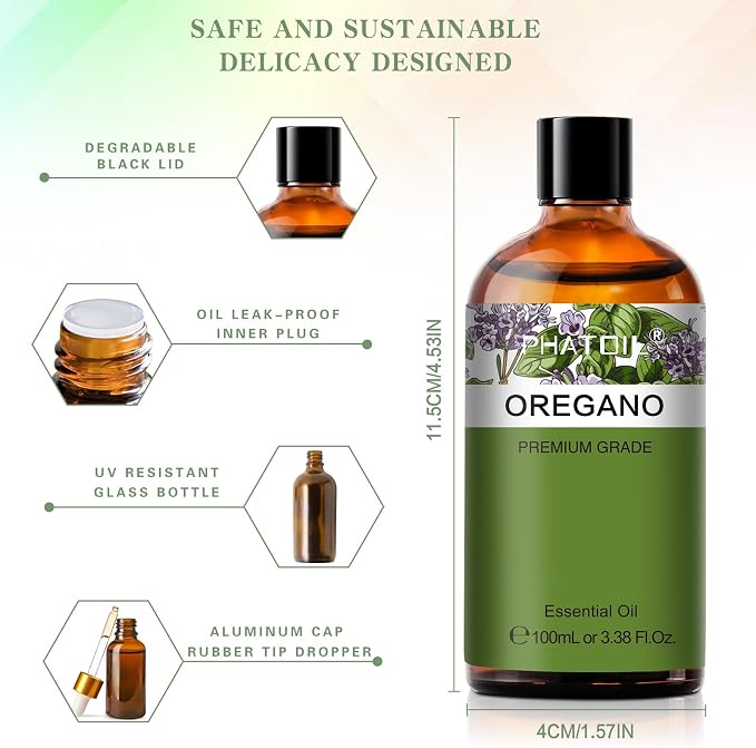 Oregano 3.38fl.oz Essential Oil, PHATOIL Pure Aromatherapy Oils for Diffuser, Humidifier, Perfect for DIY Soap, Candle, Bath Bombs Making(100ml)